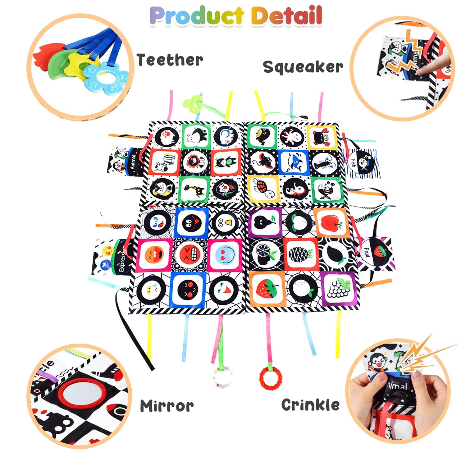 Baby Toys 0-6 Months, Tummy Time Crinkle Toys with Mirror, Black and White High Contrast Sensory Toys for 0-6-12-18 Months Infant Newborn