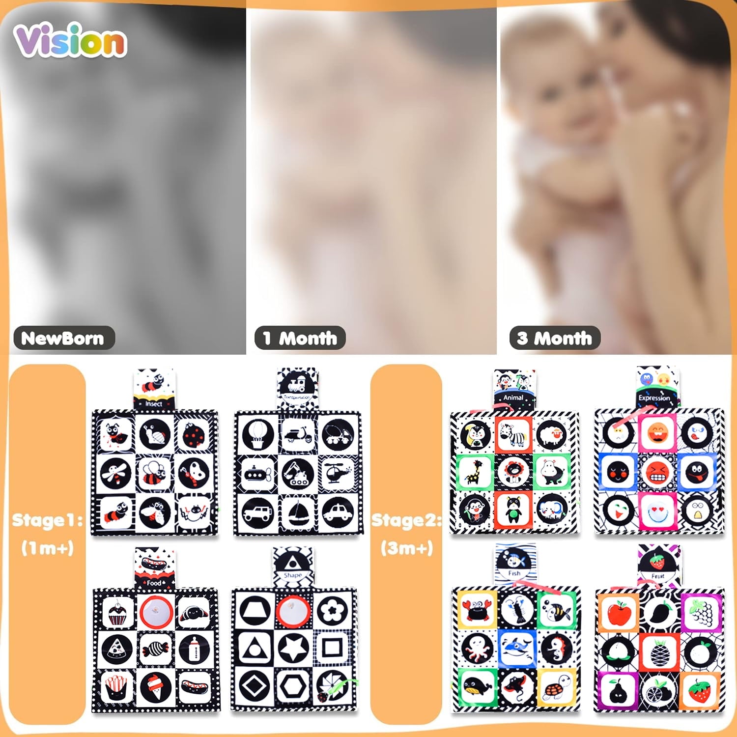 Baby Toys 0-6 Months, Tummy Time Crinkle Toys with Mirror, Black and White High Contrast Sensory Toys for 0-6-12-18 Months Infant Newborn