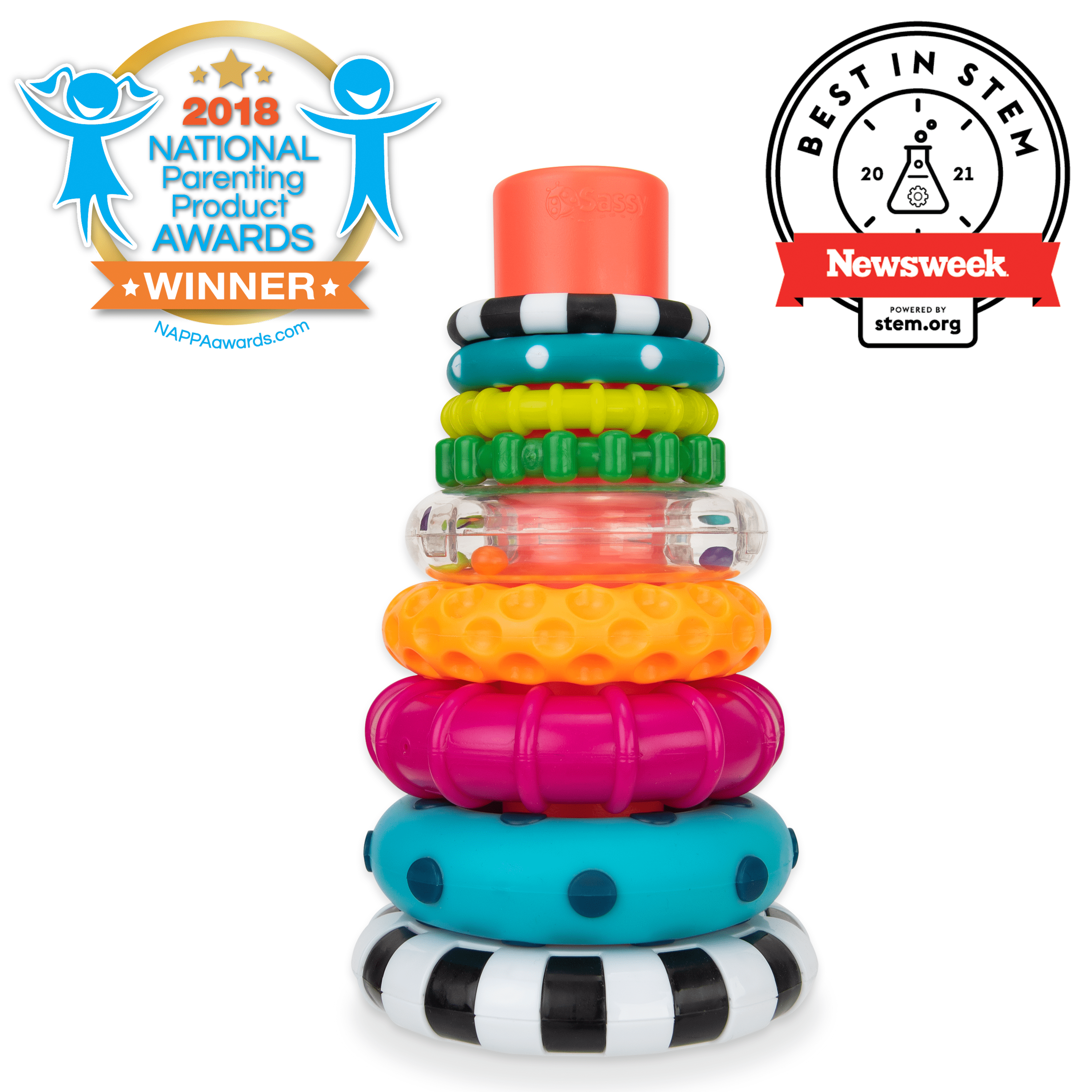 Sassy Stacks of Circles Stacking Ring STEM Learning Toy, 9 Piece Set, Ages 6 Months and Up