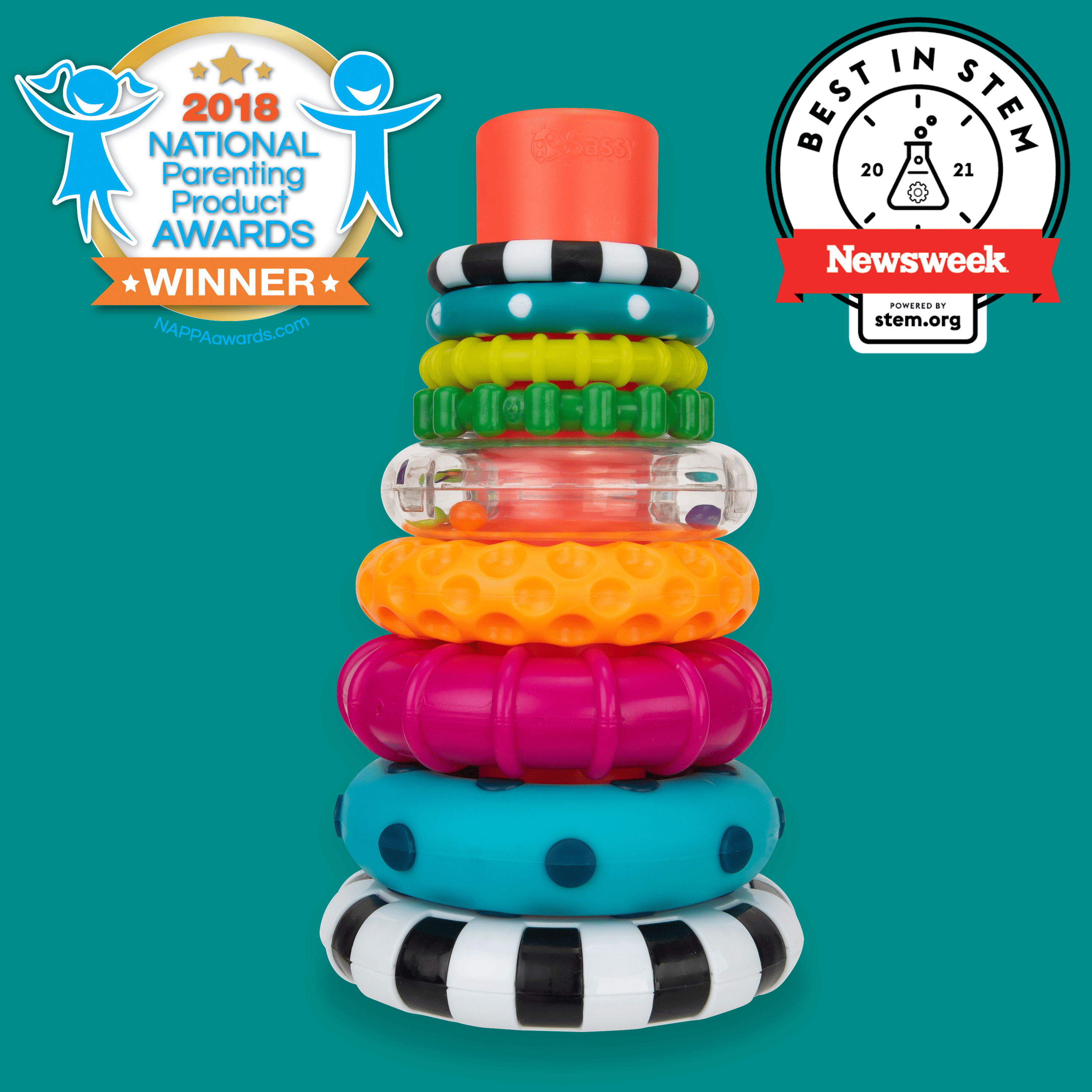 Sassy Stacks of Circles Stacking Ring STEM Learning Toy, 9 Piece Set, Ages 6 Months and Up