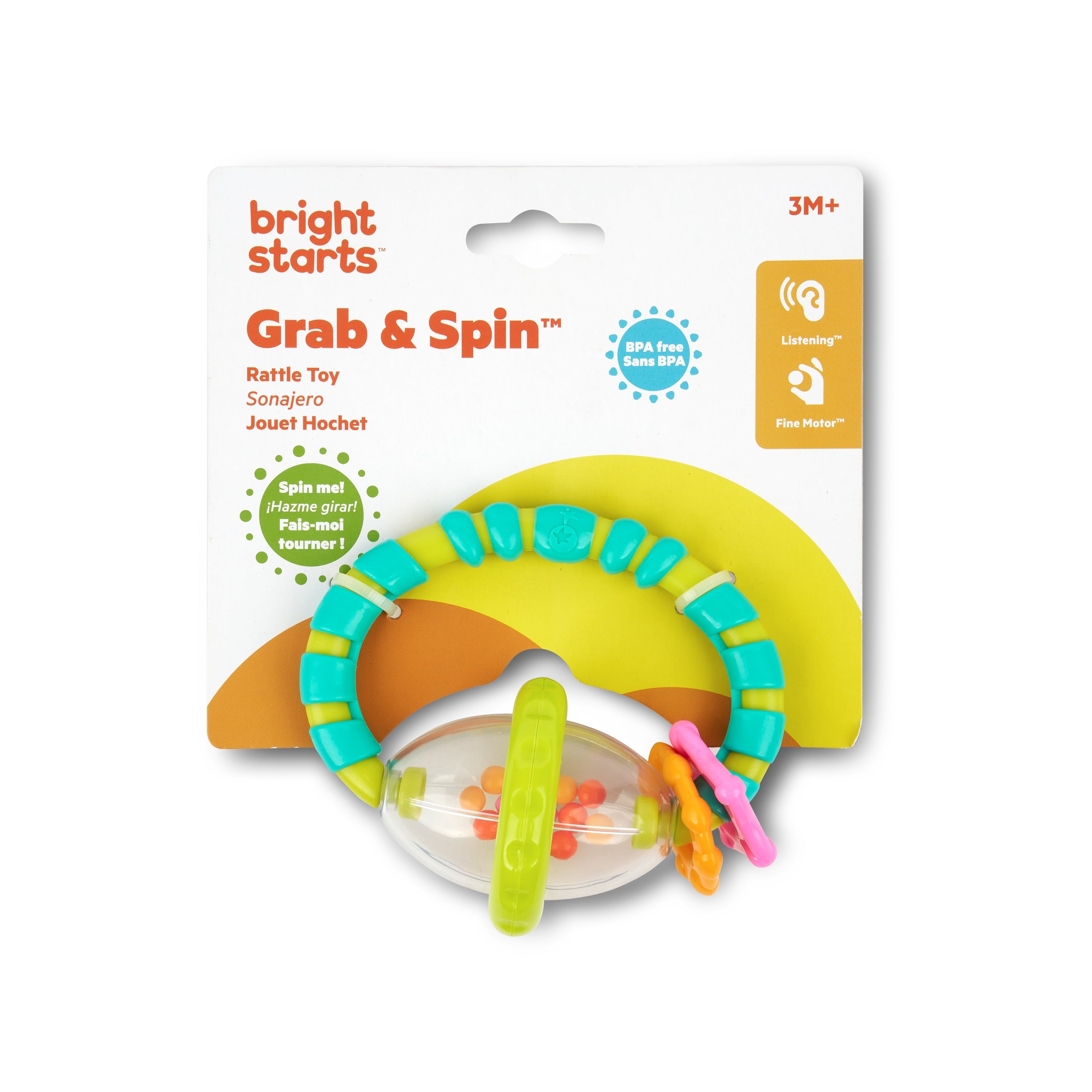 Bright Starts Grab and Spin Baby Rattle and BPA-Free Teether Toy, Ages 3 Months+