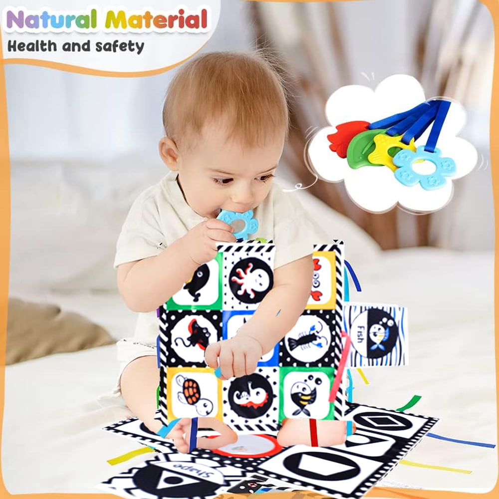 Baby Toys 0-6 Months, Tummy Time Crinkle Toys with Mirror, Black and White High Contrast Sensory Toys for 0-6-12-18 Months Infant Newborn