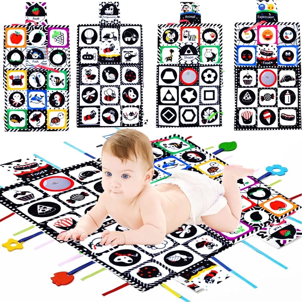 Baby Toys 0-6 Months, Tummy Time Crinkle Toys with Mirror, Black and White High Contrast Sensory Toys for 0-6-12-18 Months Infant Newborn
